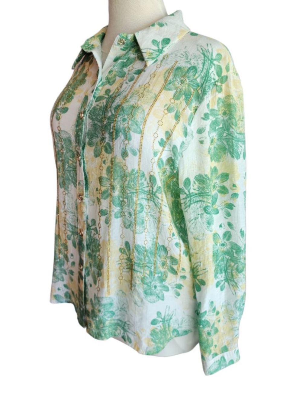 Ana & Rose Green Floral Button Down Shirt Women's L Gold Embellished Blouse - Picture 5 of 13